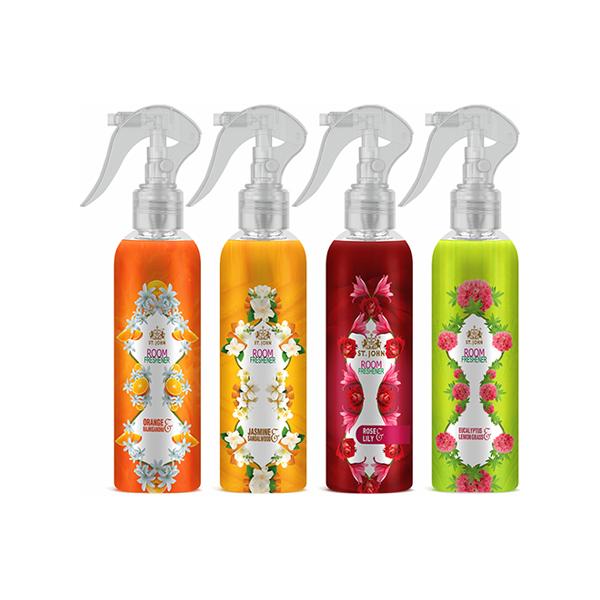 St. John Room Freshener Combo (Orange Rajinigandh + Jasmine Sandalwood + Rose Lily + Eucalyptus Lemongrass) Pack of 4 x 250 ml