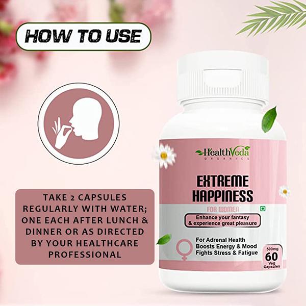 Health Veda Extreme Happiness 500 mg Veg Capsule for Women 60's - Herbal Dietary Supplement
