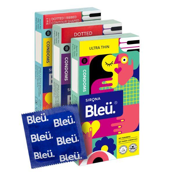 Netmeds | Bleu Ultra Thin 8's +Bleu Dotted 8's + Bleu 3 in 1 Dotted Ripped and Contour Shaped Condoms 8's