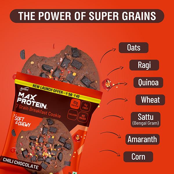 RiteBite Max Protein 7 Grain Breakfast Cookie - Chili Brownie (Pack of 12 x 55 gm) - Nutritional Bars
