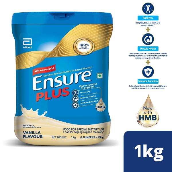 Netmeds | Ensure Plus Dual Protein System Nutritional Powder - Vanilla Flavour 1 Kg (Pet Jar)
