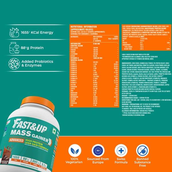 Fast&Up Mass Gainer Protein Powder - Chocolate Flavour 3000 gm - Whey Proteins