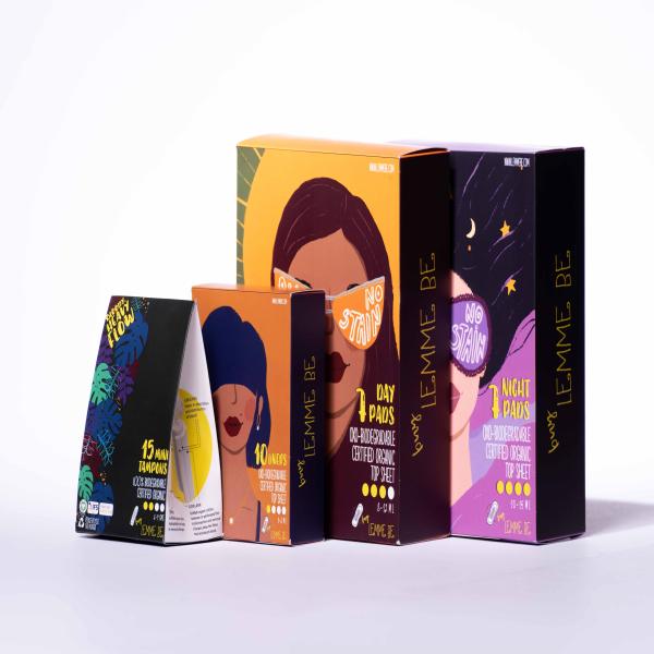 Lemme Be Biodegradable Organic Sanitary Day Pads 7's + Night Pads 7's + Panty Liners 10's + Heavy Flow Tampons 15's - Combo Pack - Sanitary Napkins