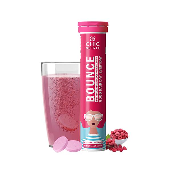 Netmeds | Chicnutrix Bounce - Biotin for Hair Growth with Selenium & Amino Acids - Raspberry Flavour 20 Tablets 1's