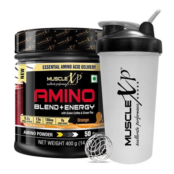 Netmeds | MuscleXP Amino Blend & Energy Powder - Orange Flavour 400 gm + Shaker 1's