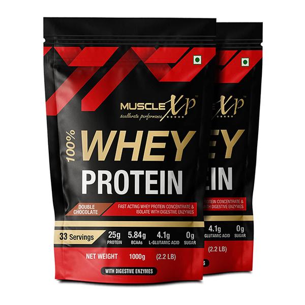 Netmeds | MuscleXP 100% Whey Protein Powder - Double Chocolate Flavour (Pack of 2 x 1 kg)