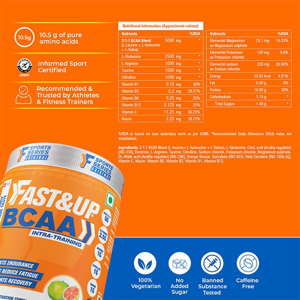 Fast&Up BCAA Supplement Powder - Watermelon Flavor 450 gm - Bcaa Supplements