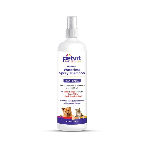 Petvit Plant Based Natural Waterless Spray Shampoo- -For All Breeds Dogs & Cats 200 ml - Pet Grooming