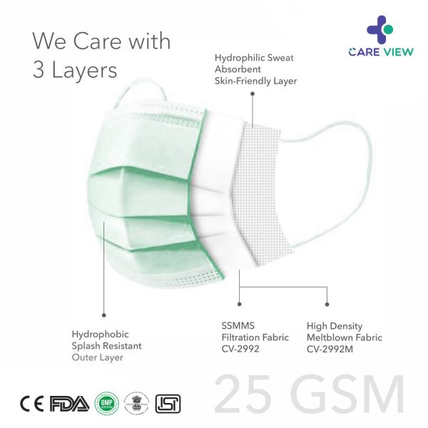 Care View 3 Ply Disposable Surgical Face Mask With Nose Pin - Green 100's - Face Mask