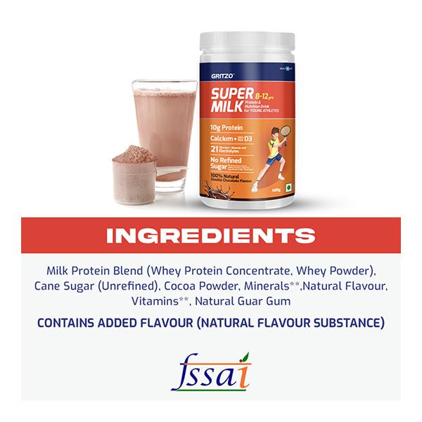 Gritzo SuperMilk Nutrition Drink Powder for Young Athletes - Double Chocolate 400 gm - Nutritional Supplement