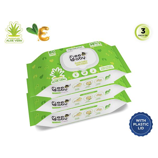 Beebaby Fresh Baby Wet Wipes with Plastic Lid, Aloe Vera of 80 Wipes each 3's - Cotton Buds & Balls