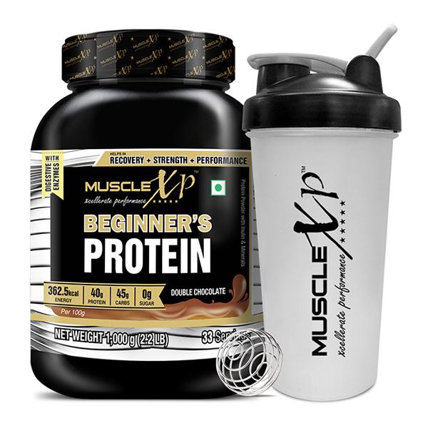Netmeds | MuscleXP Beginner's Protein Powder - Double Chocolate Flavour 1 kg + Shaker 1's