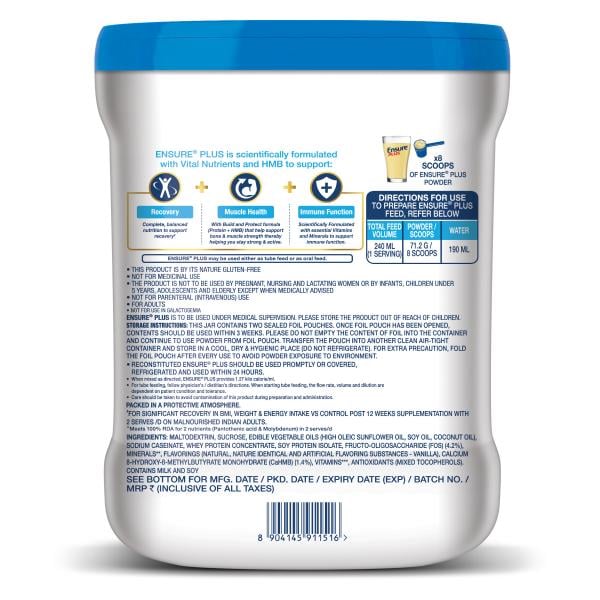 Ensure Plus Dual Protein System Nutritional Powder - Vanilla Flavour 1 Kg (Pet Jar) - Protein Supplements