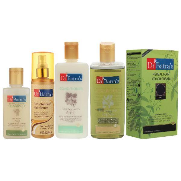 Netmeds | Dr Batra's Dandruff Cleansing Shampoo 100 ml + Anti-Dandruff Hair Serum 125 ml + Conditioner 200 ml + Hair Oil 200 ml + Herbal Hair Color Cream - Brown