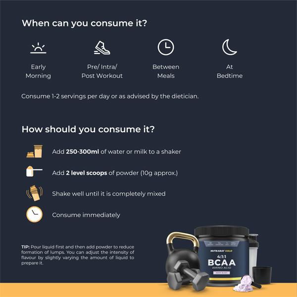 Nutrabay Gold BCAA Amino Acid Powder - Berry Blast Flavour 300 gm - Bcaa Supplements