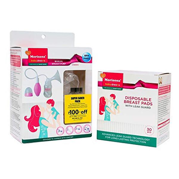 J.L.Morison baby dreams Super Saver Pack (Manual Breast Pump Classic Pink + Disposable Breast Pad 30's)