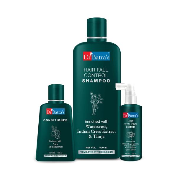 Netmeds | Dr Batra's Conditioner 100 ml + Hair Fall Control Shampoo 500 ml + Hair Vitalizing Serum 125 ml