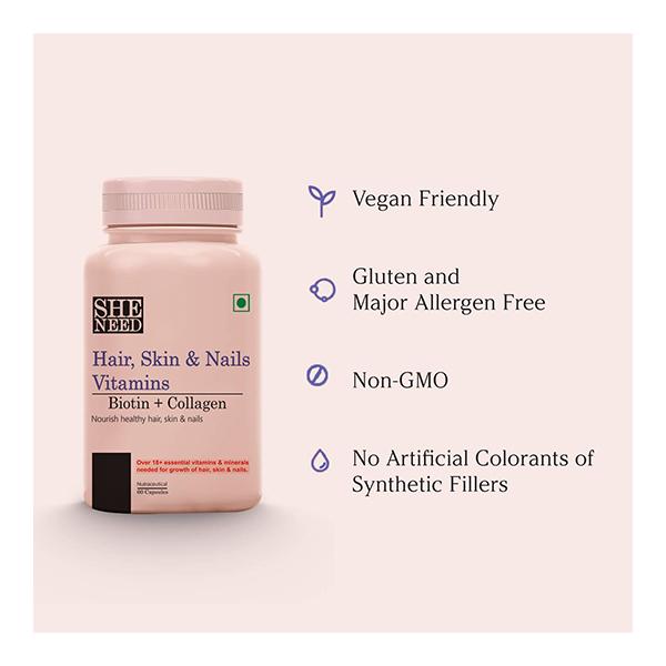 SheNeed Hair, Skin & Nails Vitamin with Biotin + Collagen Capsule (Pack of 2 x 60's) - Hair & Skin