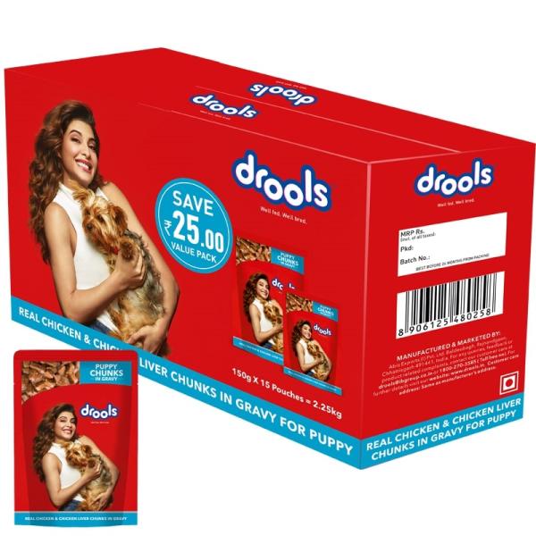 Netmeds | Drools Puppy Wet Dog Food, Real Chicken and Chicken Liver Chunks in Gravy, 15 Pouches (15 x 150g) 2250 gm
