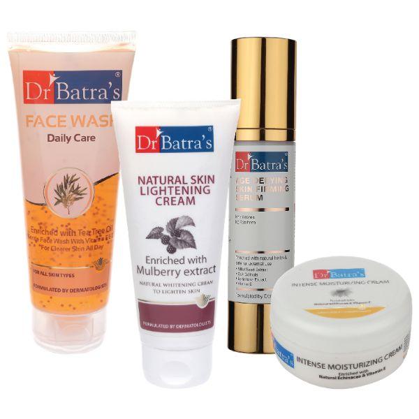 Netmeds | Dr Batra's Daily Care Face Wash 100 gm + Natural Skin Lightening Cream 100 gm + Age Defying Skin Firming Serum 50 gm + Intense Moisturizing Cream 100 gm