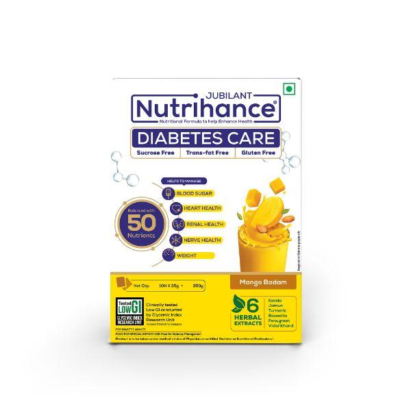 Netmeds | Jubilant Nutrihance Diabetes Care Sachet - Mango Badam (Pack of 10's x 35 gm)