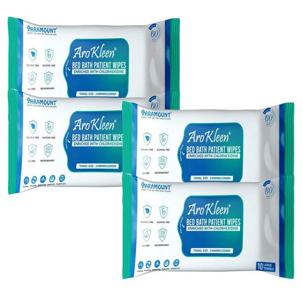 Netmeds | AroKleen Bed Bath Patient Wipes - Chlorhexidine (240 mm x 320 mm) (Pack of 4 x 10's) 1's