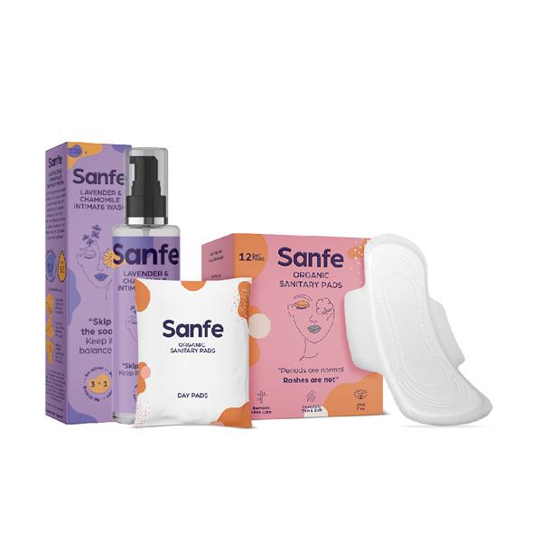 Netmeds | Sanfe Clean Period Set (Organic Sanitary Pads - Day Pads 12's and Intimate Wash - Lavender & Chamomile 100 ml)