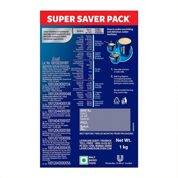 Junior Horlicks (1 to 6 Years) Powder - Vanilla (Refill) 1 kg - Kids Nutrition