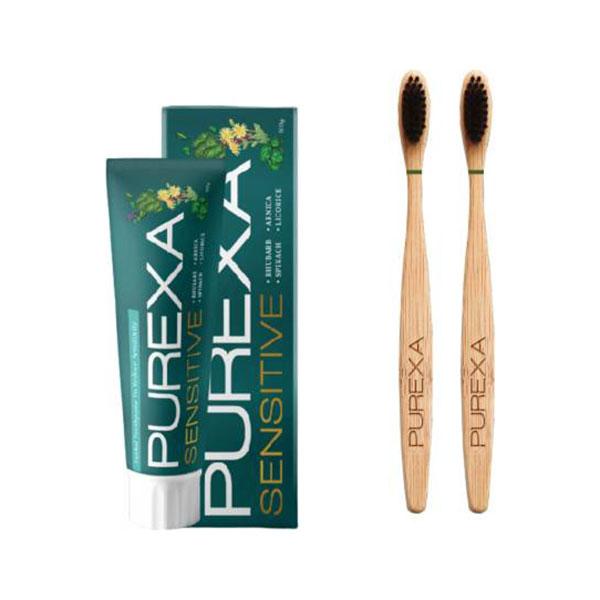 Netmeds | Purexa Herbal Sensitive Toothpaste 100 gm + Bamboo Toothbrush - Charcoal 2's