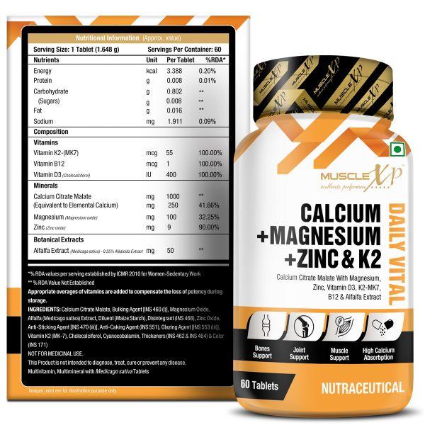 MuscleXP Calcium + Magnesium + Zinc & K2 Daily Vital Tablet 60's - Amino Acids