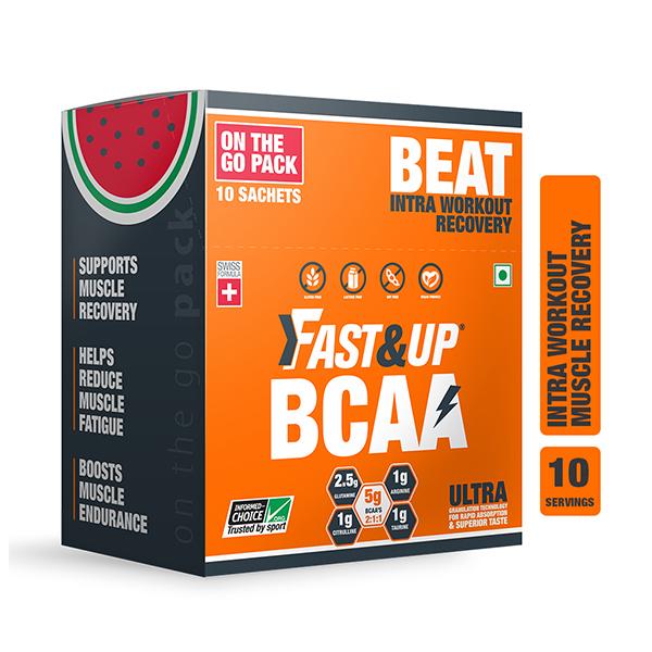 Netmeds | Fast&Up BCAA On The Go Supplement Powder - Watermelon Flavour (Pack of 15 gm x 10 Sachets)