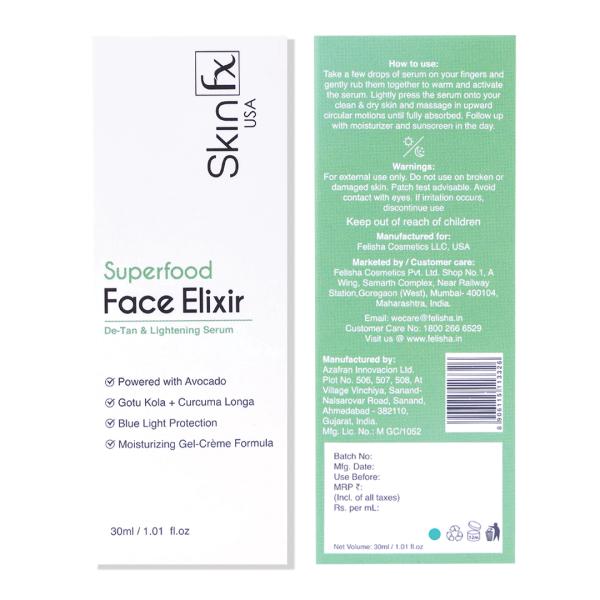 Skin Fx Superfood Face Elixir Serum - De Tan & Lightening (Avocado) 30 ml - Face Serum