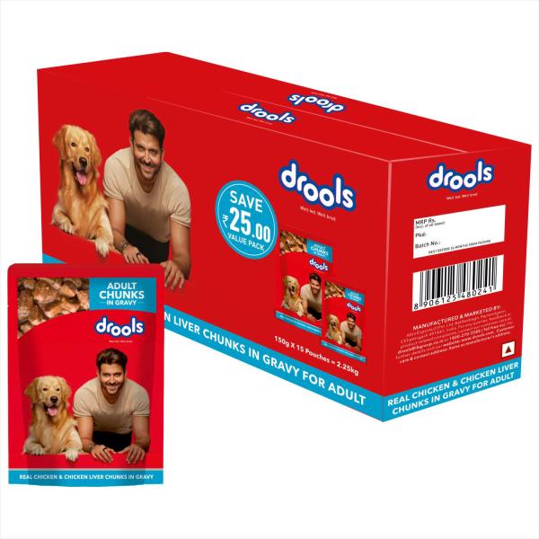 Netmeds | Drools Adult Wet Dog Food, Real Chicken and Chicken Liver Chunks in Gravy, 15 Pouches (15 x 150g) 2250 gm