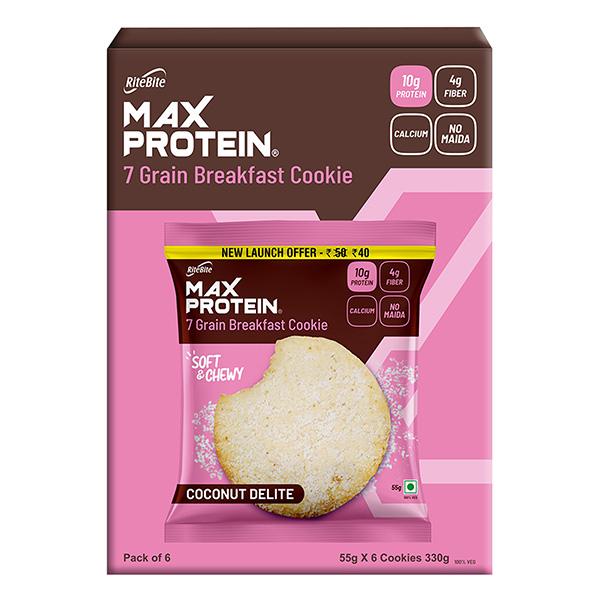 RiteBite Max Protein 7 Grain Breakfast Cookie - Coconut Delite (Pack of 6 x 55 gm) - Nutritional Bars