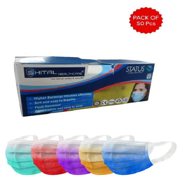 Netmeds | Status Surgical 3-Ply Face Mask with Nose Pin - Faded Multi Color (Pack of 50)