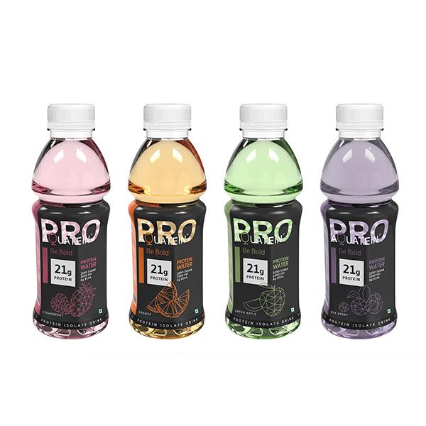 Netmeds | AQUATEIN PRO Protein Water - Strawberry, Orange, Green Apple, Mix Berry Flavour (Pack of 4 x 500 ml)