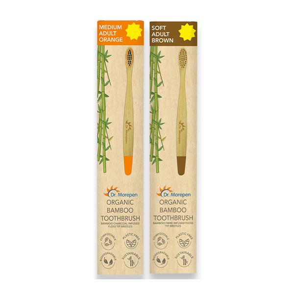 Netmeds | Dr.Morepen Organic Bamboo Adult Toothbrush Combo Pack (Medium - Orange 1's + Soft - Brown 1's)