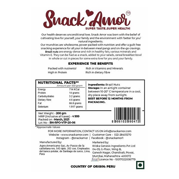 Snack Amor Brazil Nuts 200 gm - Nutritional Bars