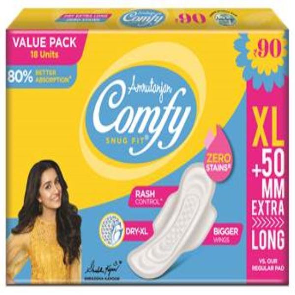 Netmeds | Amrutanjan Comfy Snug Fit Sanitary Pads - Dry (XL) Value Pack 18's