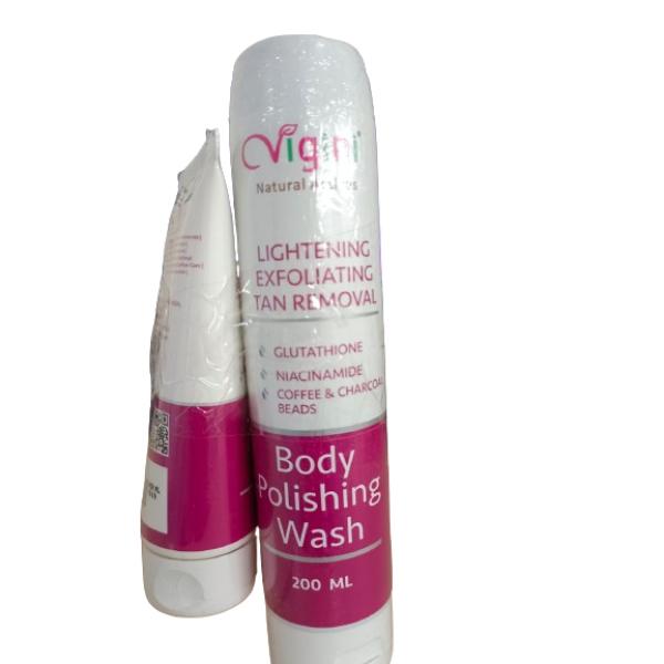 Netmeds | Vigini Lightening Exfoliating Tan Removal Body Polishing Wash 200 ml + Lightening Brightening Sun Protection UVA & UVB Body Polisging Cream 100 ml