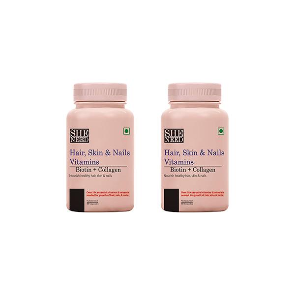 Netmeds | SheNeed Hair, Skin & Nails Vitamin with Biotin + Collagen Capsule (Pack of 2 x 60's)