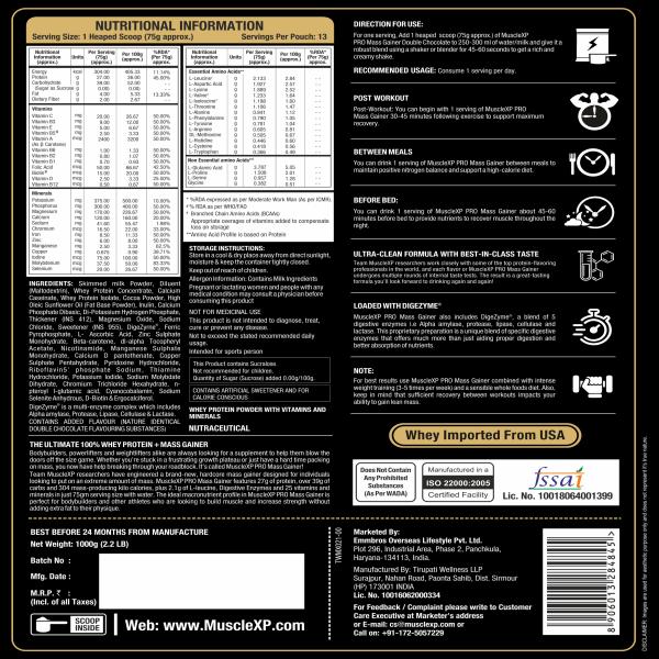 MuscleXP Pro Mass Gainer - Double Chocolate (Pack of 2 x 1 kg) - Weight Gain