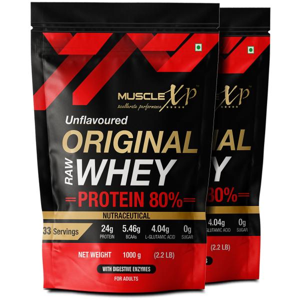 Netmeds | MuscleXP Raw Whey Protein Concentrate 80% Powder - Unflavored (Pack of 2 x 1 kg)