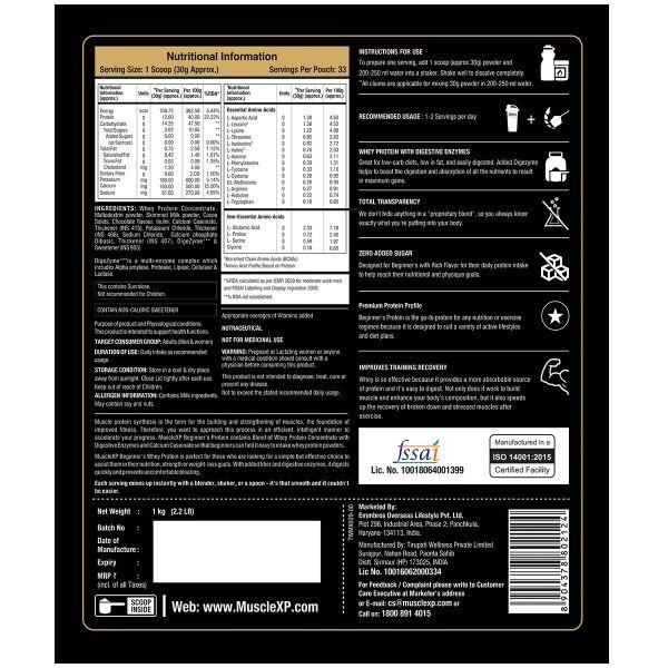 MuscleXP Beginner's Whey Protein Powder - Chocolate Fudge 1 kg - Whey Proteins