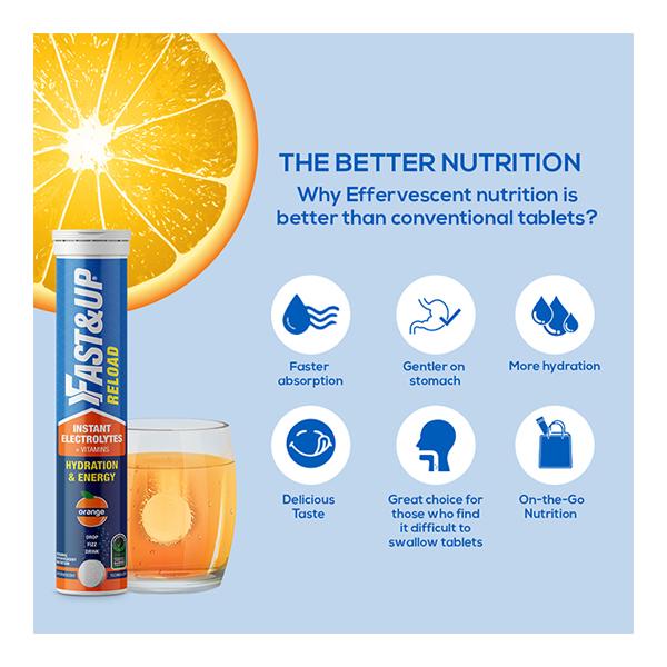 Fast&Up Reload Hydration and Energy Effervescent Tablet - Orange Flavour 20's - Energy Drinks