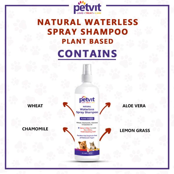 Petvit Plant Based Natural Waterless Spray Shampoo- -For All Breeds Dogs & Cats 200 ml - Pet Grooming