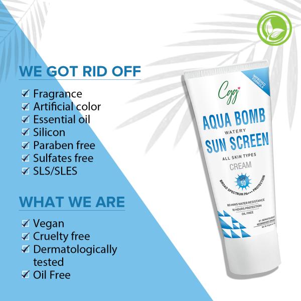 CGG Cosmetics Aqua Bomb Watery Sunscreen Cream SPF 50 Broad Spectrum PA+++ Protection 50 gm - Bb & Cc Creams