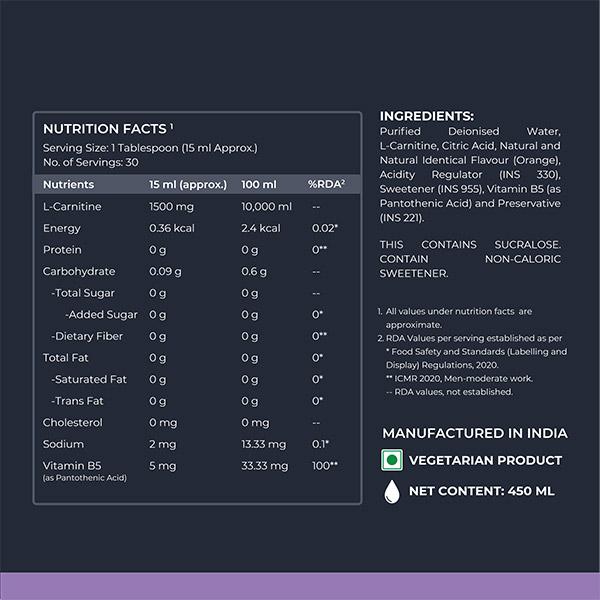 Nutrabay Pro L Carnitine +Vitamin B5 Liquid - Orange 450 ml - Amino Acids