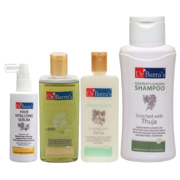 Netmeds | Dr Batra's Dandruff Cleansing Shampoo 500 ml + Conditioner 200 ml + Hair Oil 200 ml + Hair Vitalizing Serum 125 ml