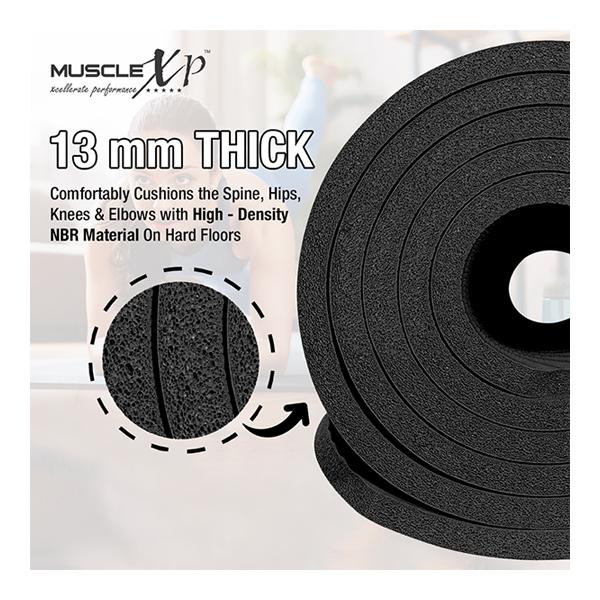 MuscleXP (13 mm) Thick NBR Material Yoga Mat - (Black) 1's - Workout Essentials